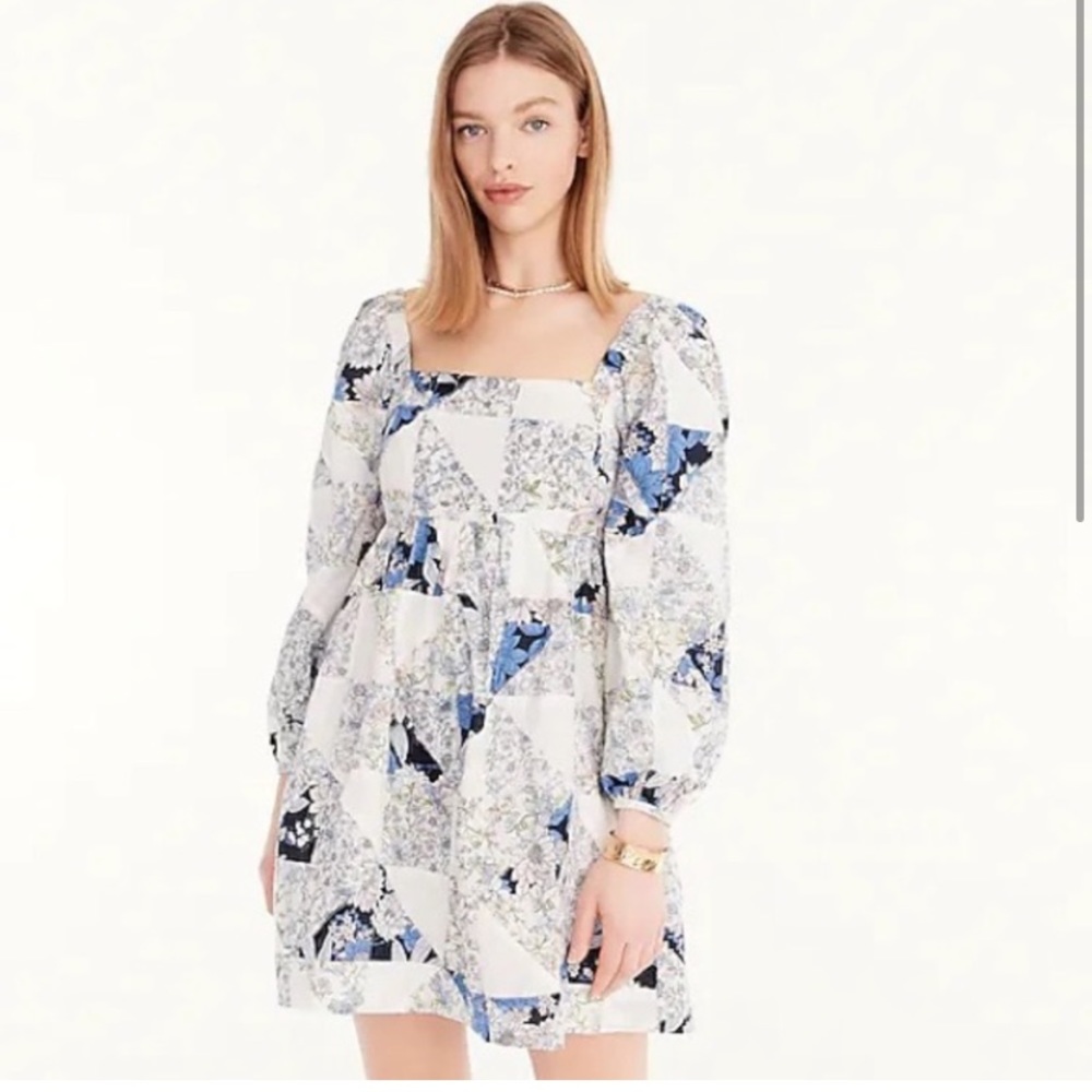 New J. Crew Quilted Patchwork Bubble Sleeve White & Blue Dress Size M